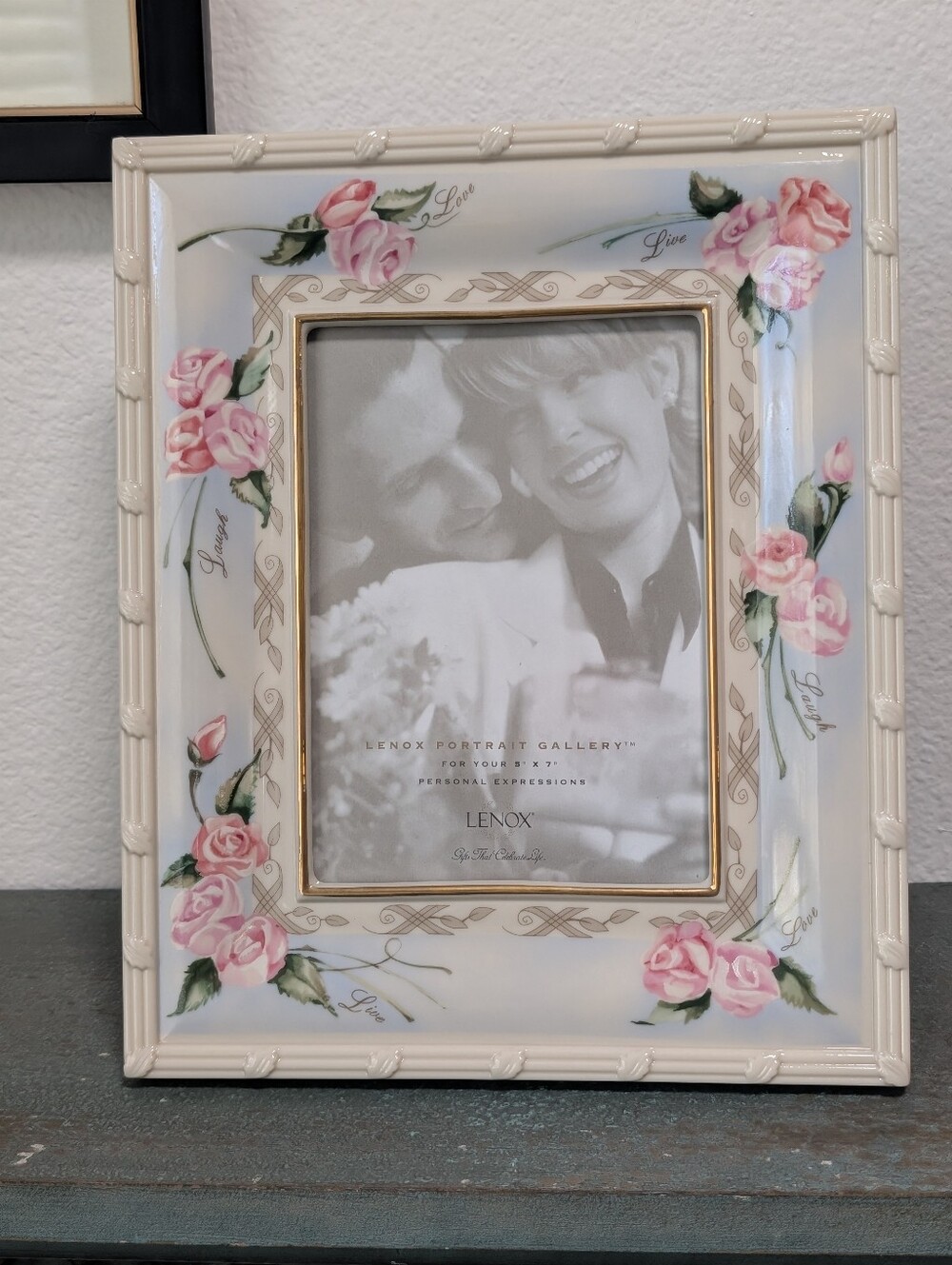 Lenox Rose Bouquet Porcelain Picture 5" x 7" Frame w/ Gold Trim Live Love Laugh